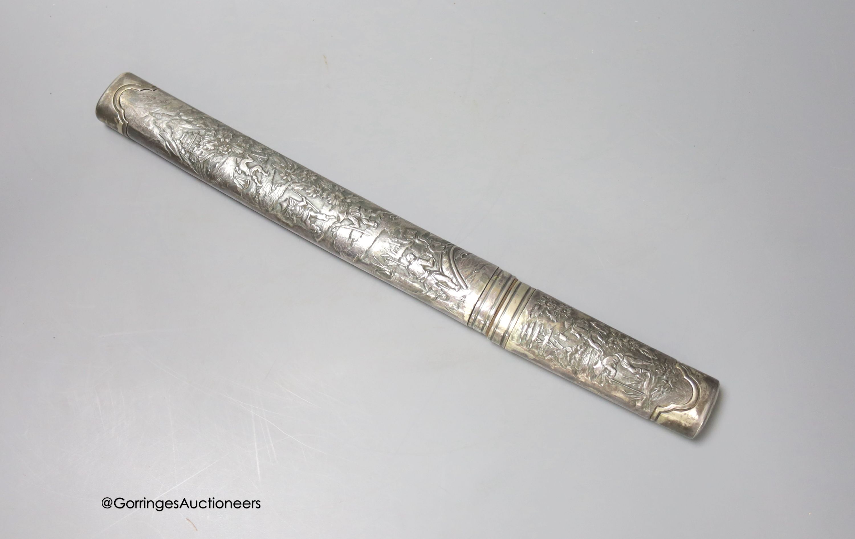 A Japanese short sword within embossed scabbard, blade 19cm